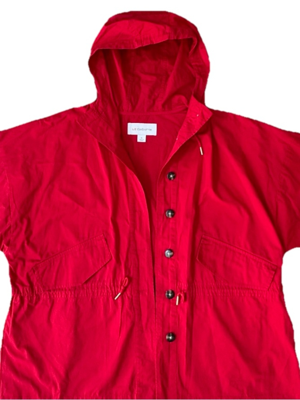 Liz Claiborne Jacket Womens XL Red Pockets Button Front Hooded Lightweight